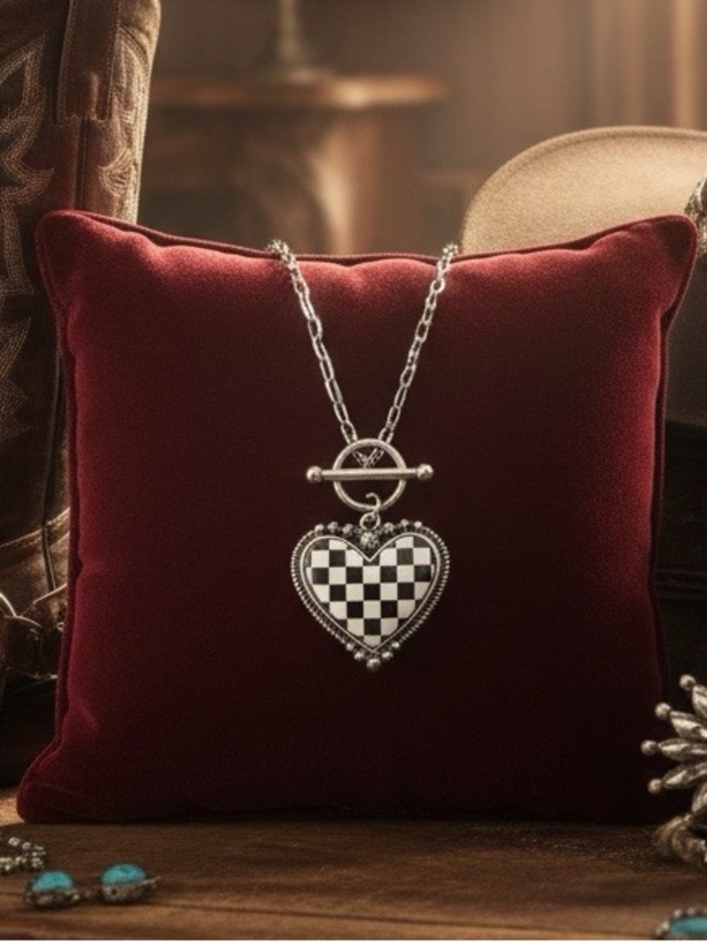 Western Boho Checkerboard Heart Toggle Necklace Coastal Cowgirl Vintage Rodeo
